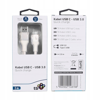 TB Kabel USB 3.0 - USB C 2m PREMIUM 3A biały TPE